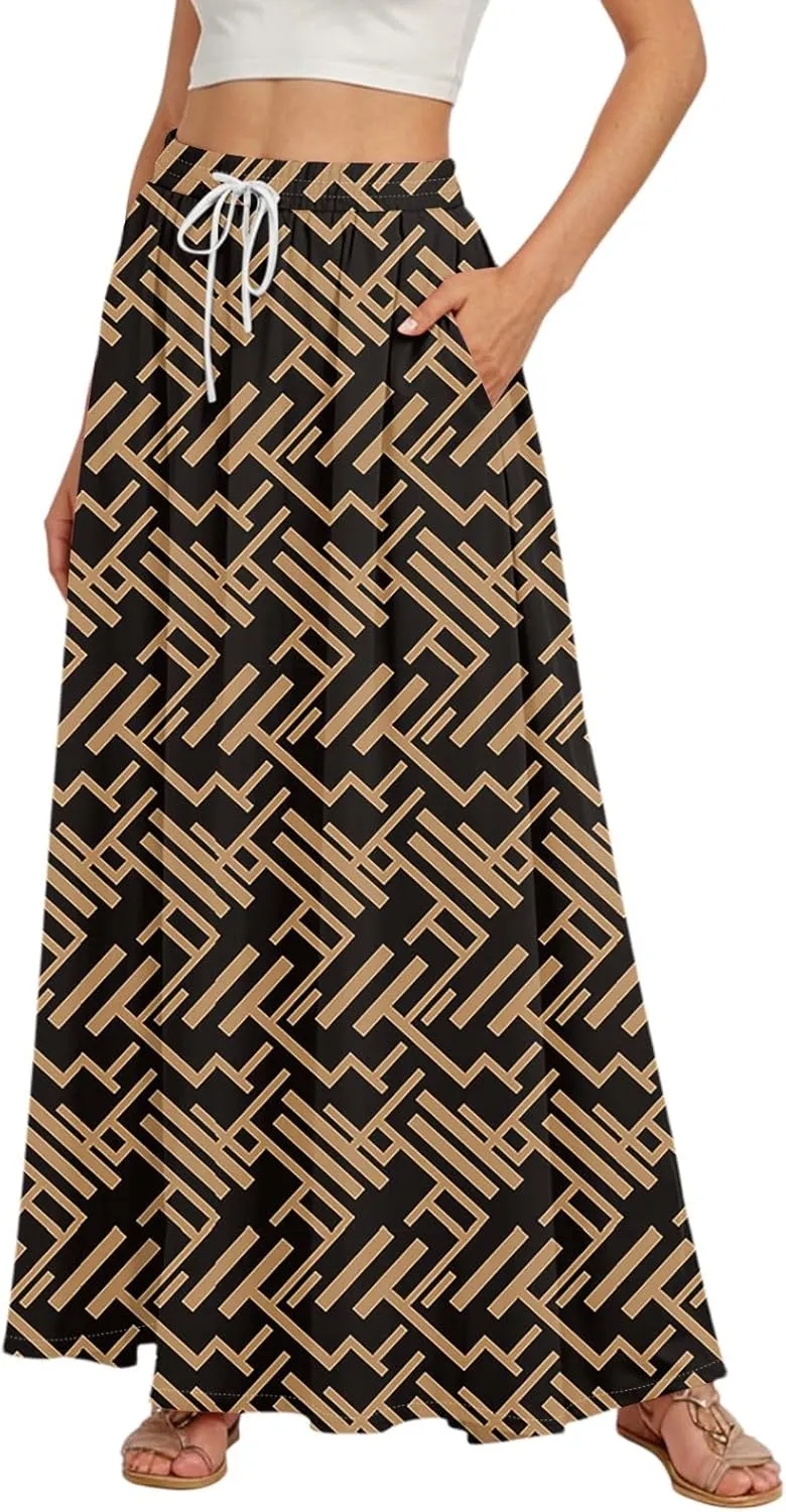 Boho Maxi Skirt for Women Summer Elastic High Waisted Casual Skirts Pleated A-Line Skirts Work Skirt Long with Pockets