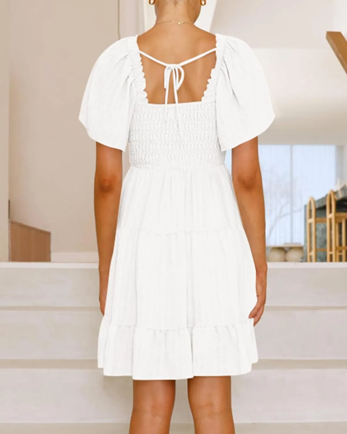 BTFBM Women's Summer Smocked Mini Dress Square Neck Flutter Sleeve Casual Ruffle Flared Swing Boho Beach Dresses Pockets