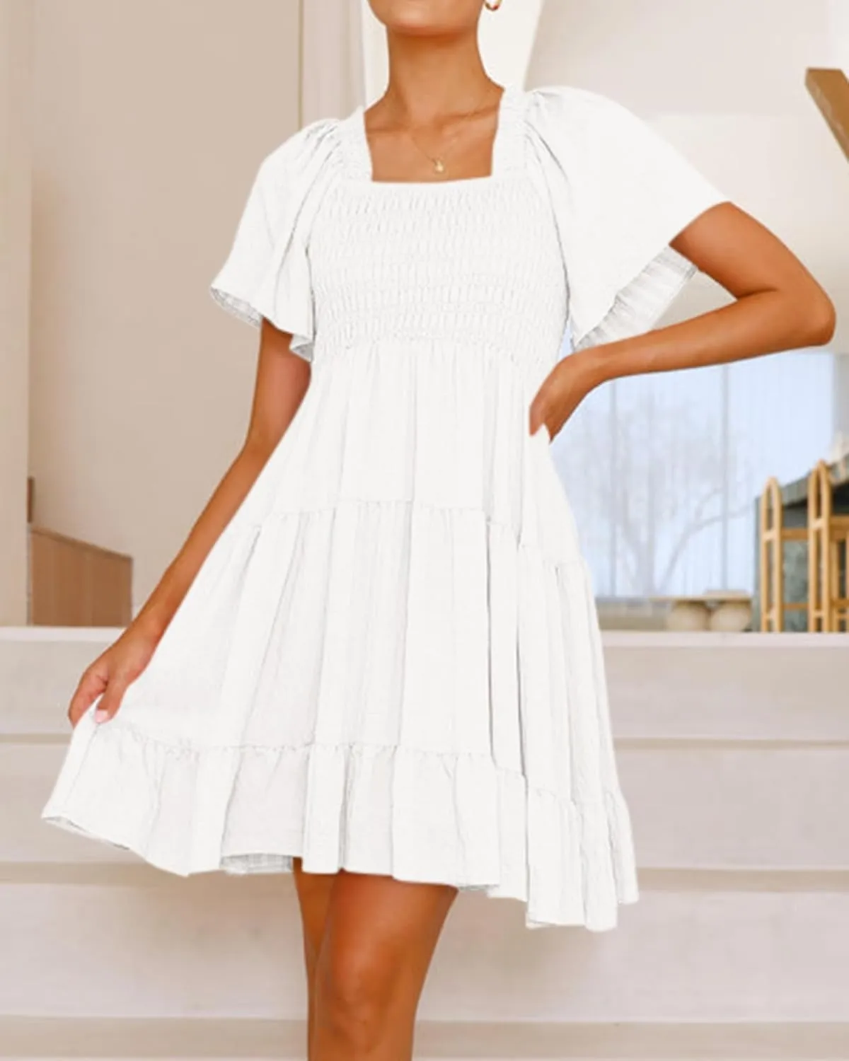 BTFBM Women's Summer Smocked Mini Dress Square Neck Flutter Sleeve Casual Ruffle Flared Swing Boho Beach Dresses Pockets