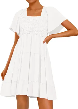 BTFBM Women's Summer Smocked Mini Dress Square Neck Flutter Sleeve Casual Ruffle Flared Swing Boho Beach Dresses Pockets