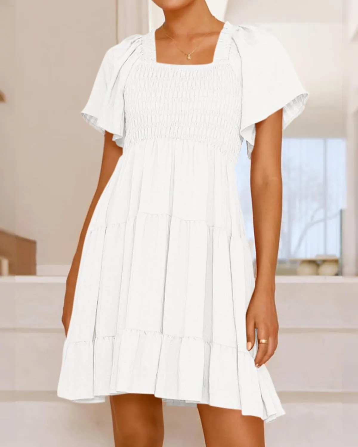 BTFBM Women's Summer Smocked Mini Dress Square Neck Flutter Sleeve Casual Ruffle Flared Swing Boho Beach Dresses Pockets