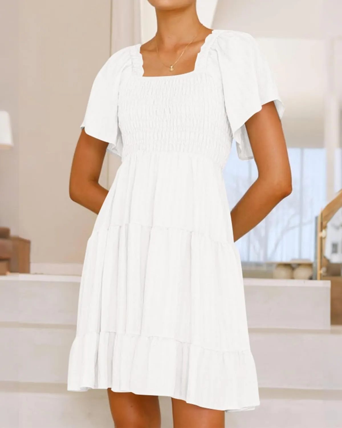 BTFBM Women's Summer Smocked Mini Dress Square Neck Flutter Sleeve Casual Ruffle Flared Swing Boho Beach Dresses Pockets