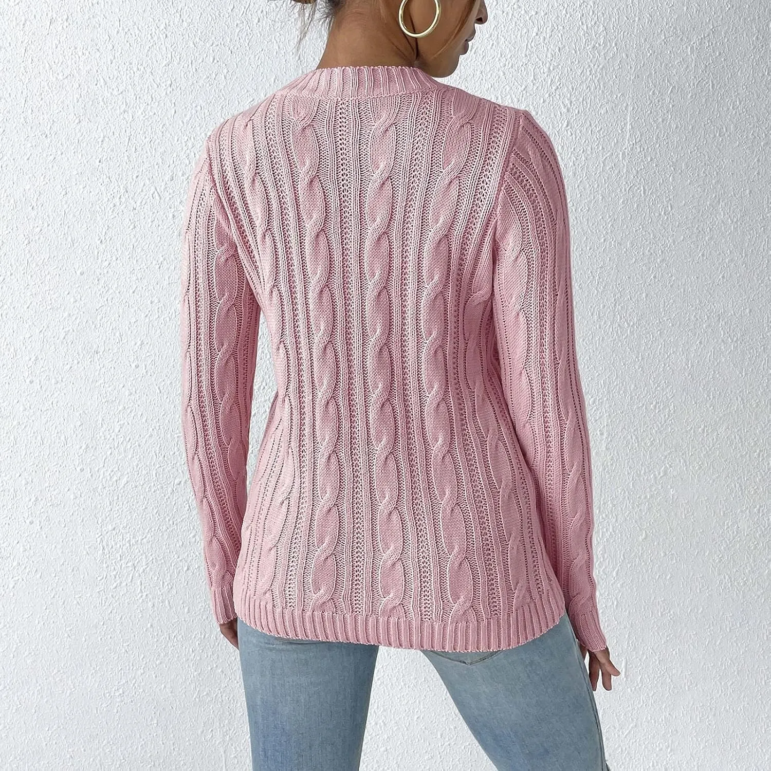 Cable Knit Sweater Women Crewneck Knit Pullover Sweater Trendy Crochet Slim Fit Knitwear Fall Winter Basic Jumper Tops