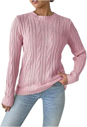 Cable Knit Sweater Women Crewneck Knit Pullover Sweater Trendy Crochet Slim Fit Knitwear Fall Winter Basic Jumper Tops