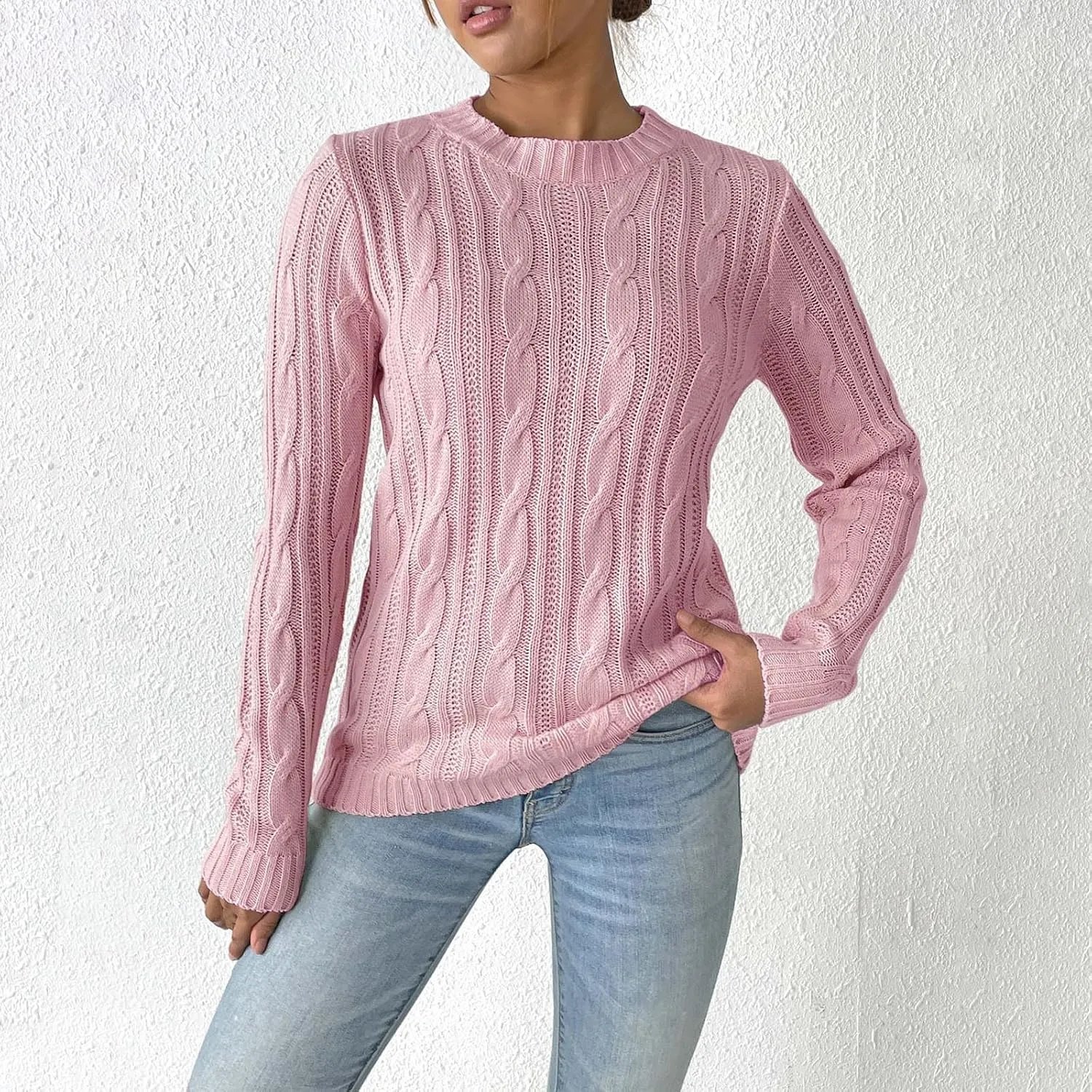 Cable Knit Sweater Women Crewneck Knit Pullover Sweater Trendy Crochet Slim Fit Knitwear Fall Winter Basic Jumper Tops