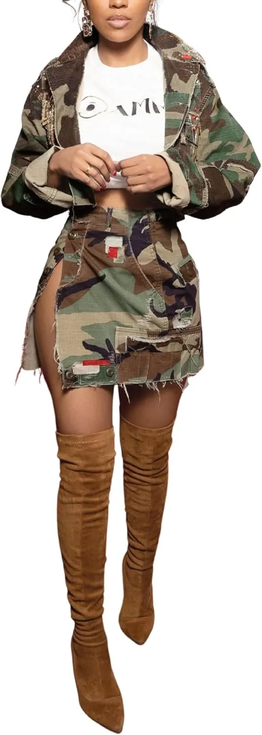 Camo Skirts for Women- High Waisted Split Jean Skirt Camo Sports Golf Tennis Running Cargo Mini Skirt with Pocket