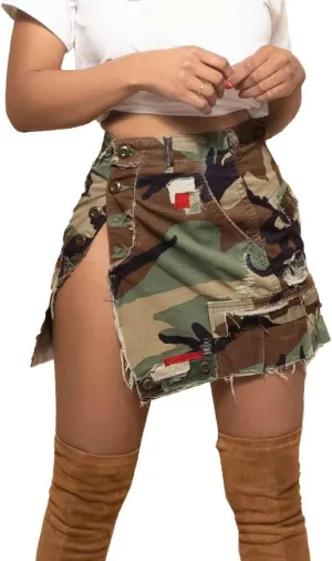 Camo Skirts for Women- High Waisted Split Jean Skirt Camo Sports Golf Tennis Running Cargo Mini Skirt with Pocket