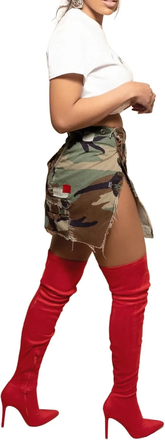 Camo Skirts for Women- High Waisted Split Jean Skirt Camo Sports Golf Tennis Running Cargo Mini Skirt with Pocket