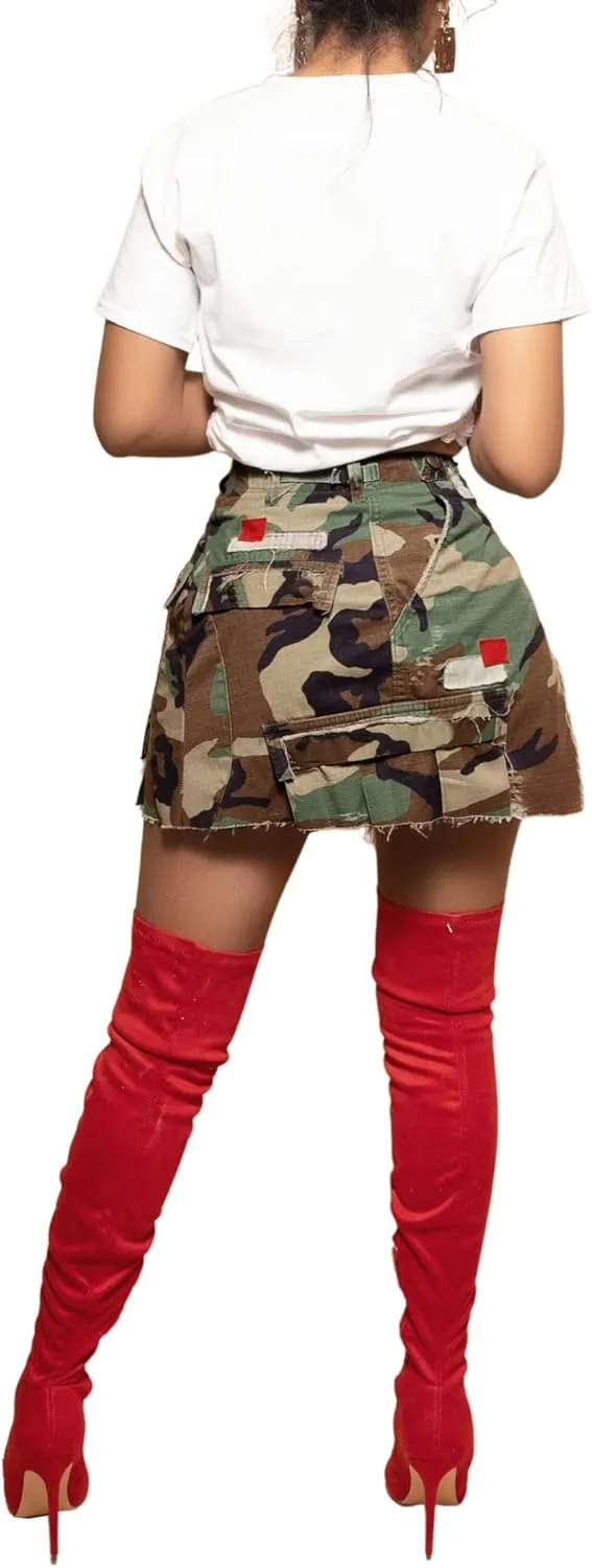 Camo Skirts for Women- High Waisted Split Jean Skirt Camo Sports Golf Tennis Running Cargo Mini Skirt with Pocket