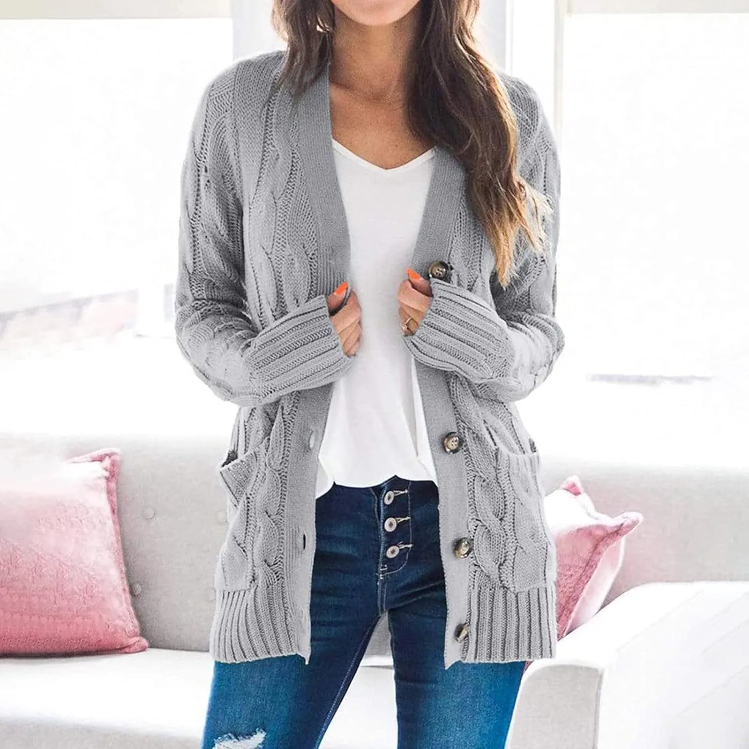Cardigan Sweaters for Women 2024 Fall Button Down Open Front Cardigan Knit Chunky Sweater Outwear Coats with Pockets