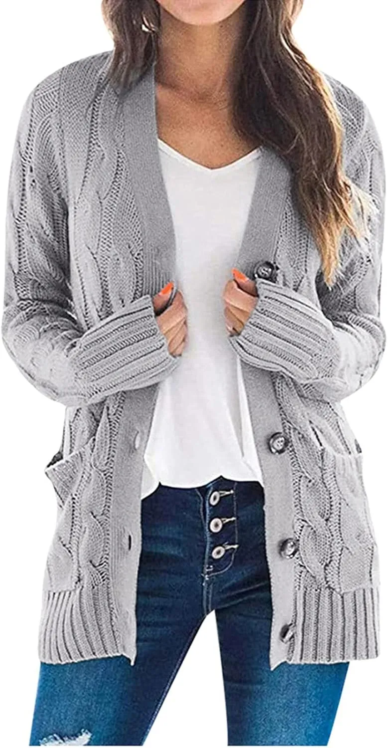 Cardigan Sweaters for Women 2024 Fall Button Down Open Front Cardigan Knit Chunky Sweater Outwear Coats with Pockets