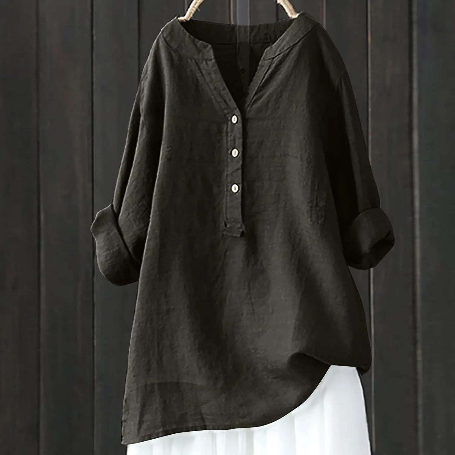 Casual Linen Blouses for Women Long Sleeve V Neck Button Up Shirts Comfy Loose Tunics Blouses Ladies Linen Blouse Top