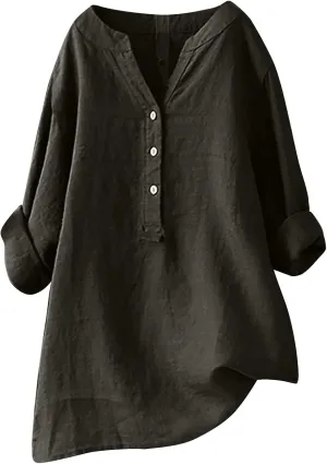 Casual Linen Blouses for Women Long Sleeve V Neck Button Up Shirts Comfy Loose Tunics Blouses Ladies Linen Blouse Top