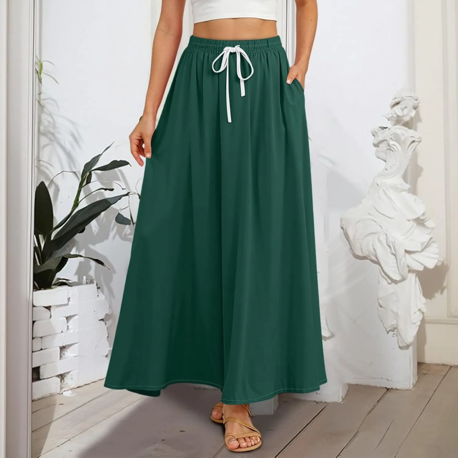 Casual Maxi Skirt for Women Summer Drawstring Elastic High Waisted A-Line Skirts Swing Ruffle Long Beach with Pockets