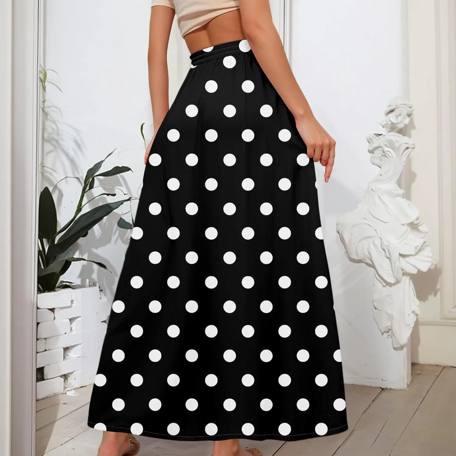 Casual Maxi Skirt for Women Summer Drawstring Elastic High Waisted A-Line Skirts Swing Ruffle Long Beach with Pockets