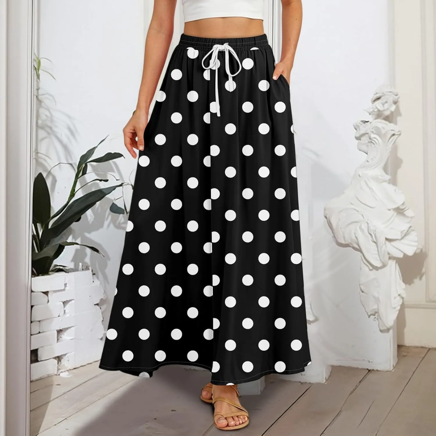 Casual Maxi Skirt for Women Summer Drawstring Elastic High Waisted A-Line Skirts Swing Ruffle Long Beach with Pockets