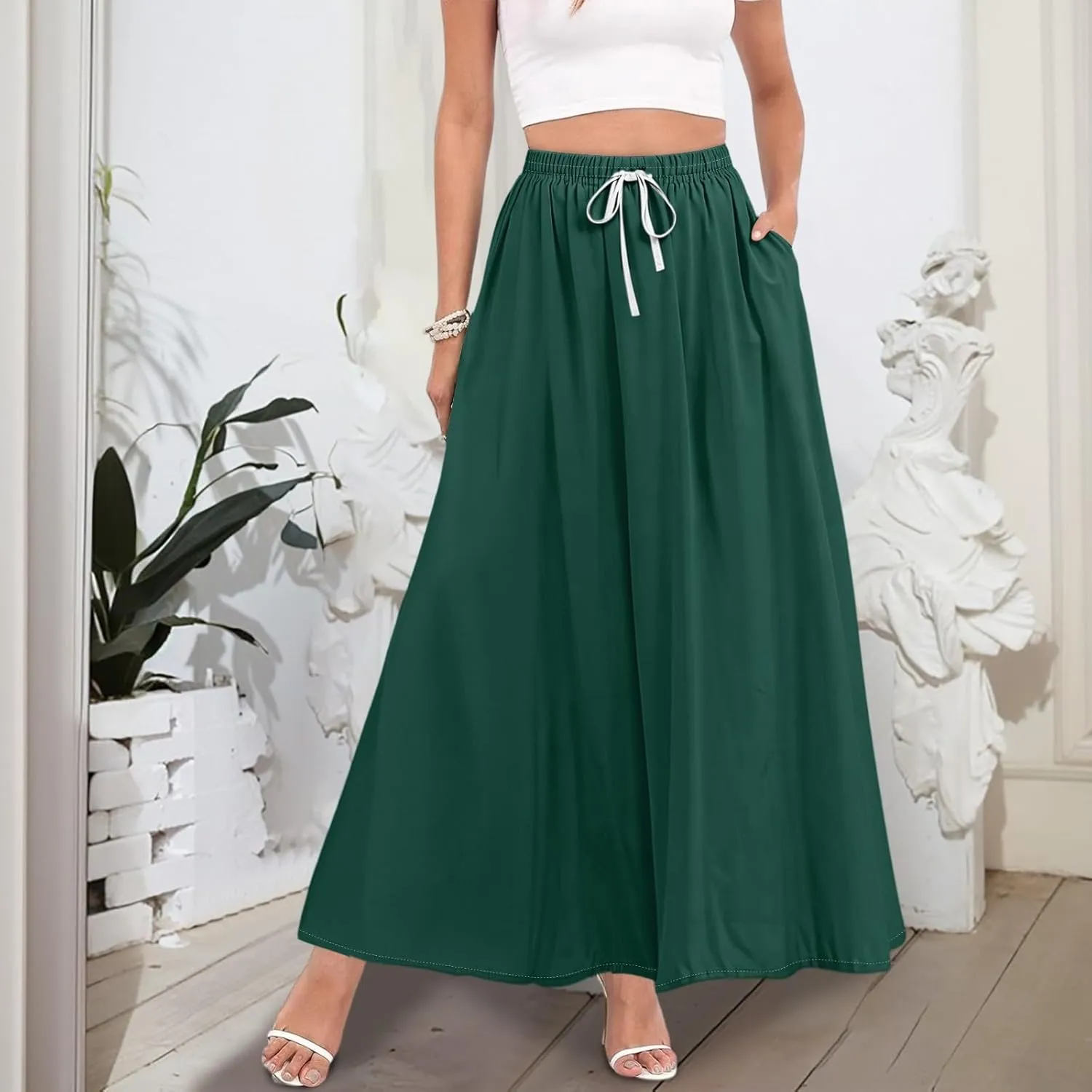 Casual Maxi Skirt for Women Summer Drawstring Elastic High Waisted A-Line Skirts Swing Ruffle Long Beach with Pockets