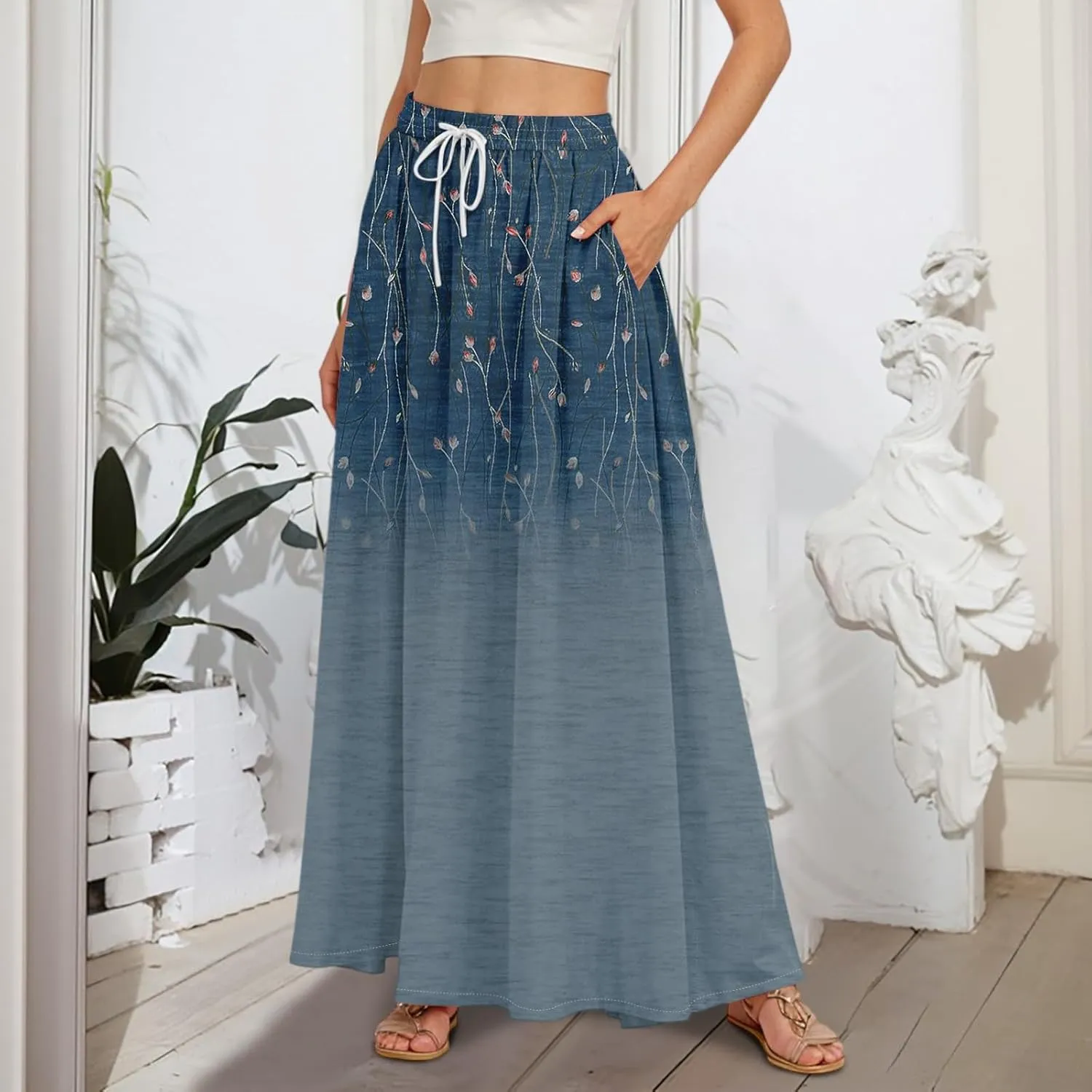 Casual Maxi Skirt for Women Summer Drawstring Elastic High Waisted A-Line Skirts Swing Ruffle Long Beach with Pockets