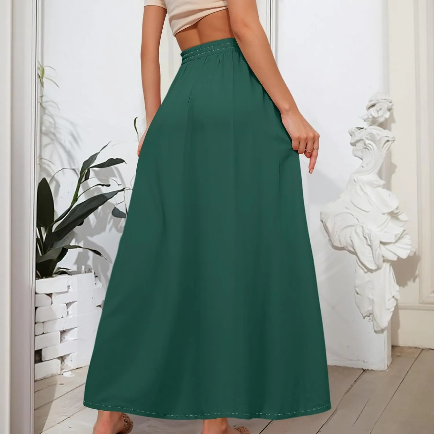 Casual Maxi Skirt for Women Summer Drawstring Elastic High Waisted A-Line Skirts Swing Ruffle Long Beach with Pockets