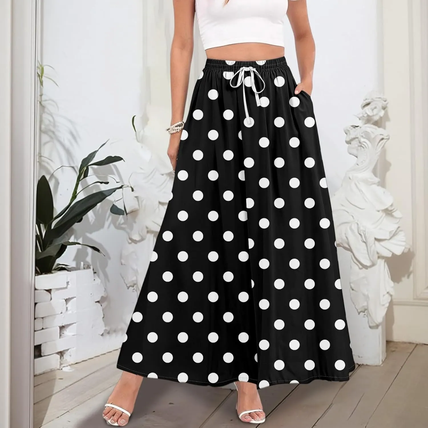 Casual Maxi Skirt for Women Summer Drawstring Elastic High Waisted A-Line Skirts Swing Ruffle Long Beach with Pockets