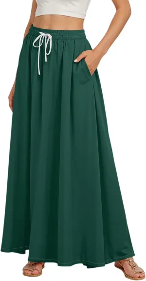 Casual Maxi Skirt for Women Summer Drawstring Elastic High Waisted A-Line Skirts Swing Ruffle Long Beach with Pockets