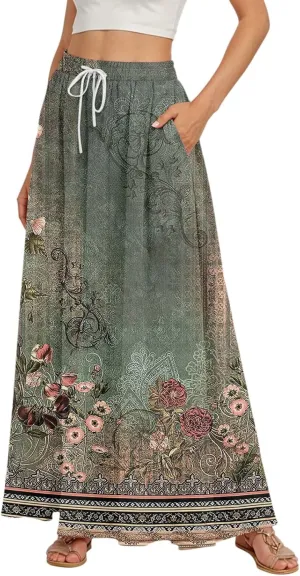 Casual Maxi Skirt for Women Summer Drawstring Elastic High Waisted A-Line Skirts Swing Ruffle Long Beach with Pockets