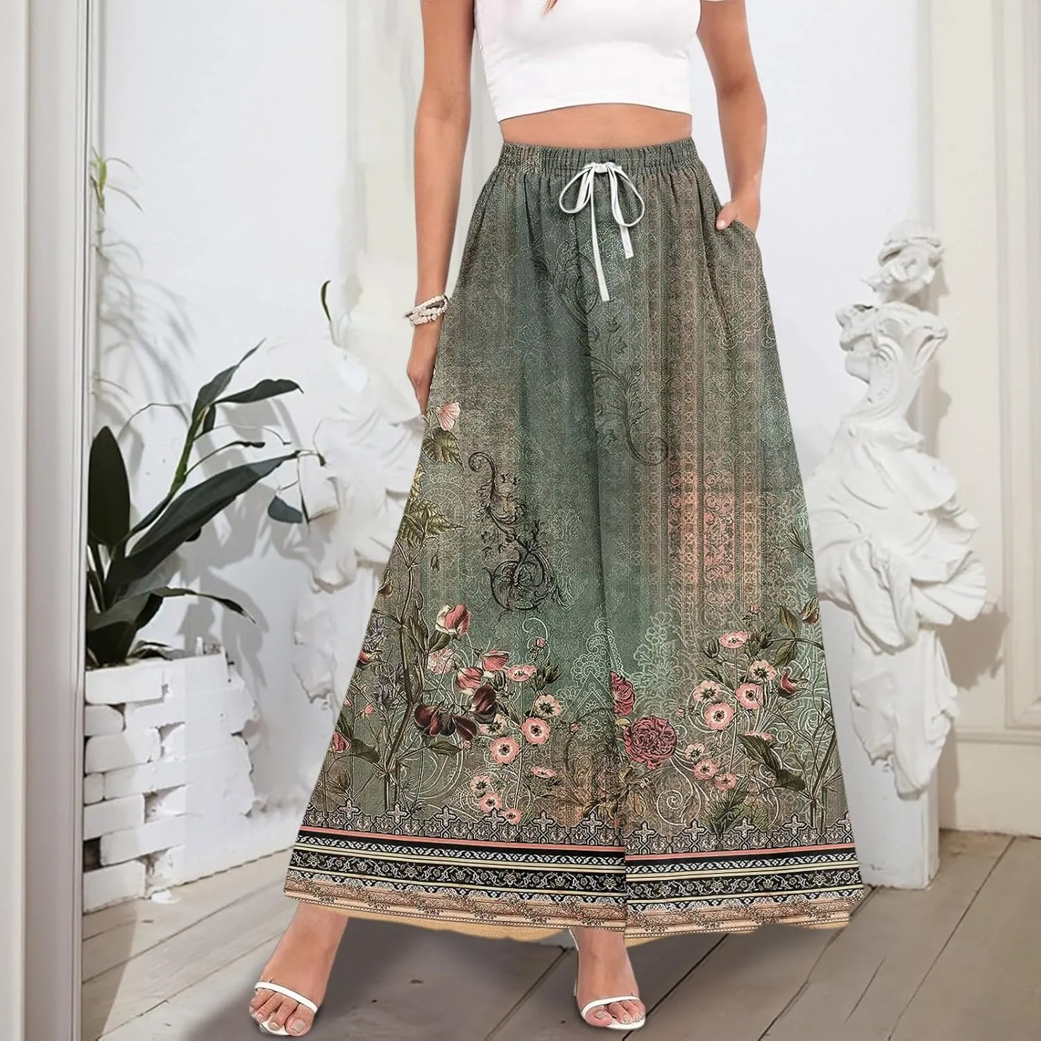 Casual Maxi Skirt for Women Summer Drawstring Elastic High Waisted A-Line Skirts Swing Ruffle Long Beach with Pockets