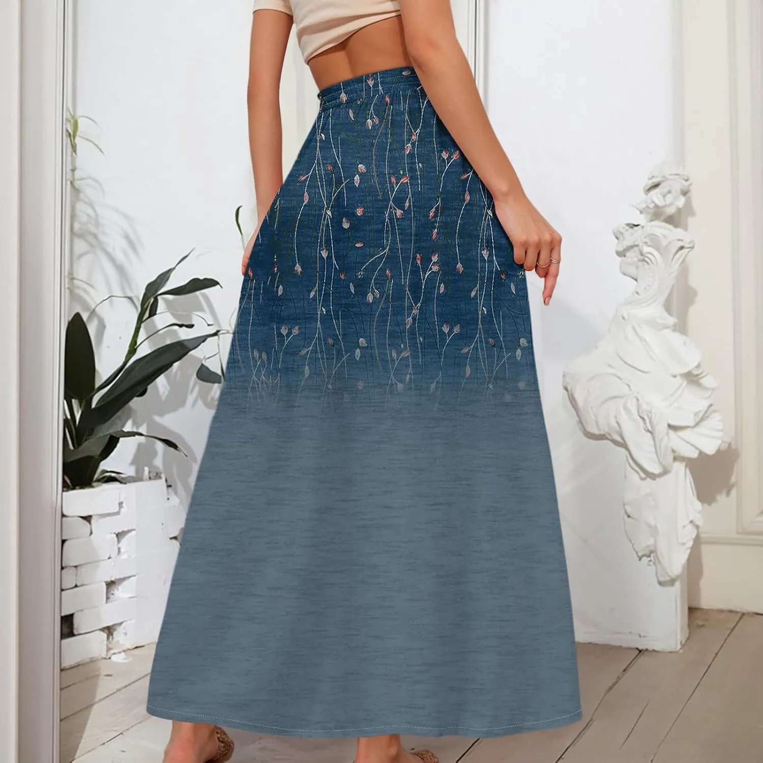 Casual Maxi Skirt for Women Summer Drawstring Elastic High Waisted A-Line Skirts Swing Ruffle Long Beach with Pockets