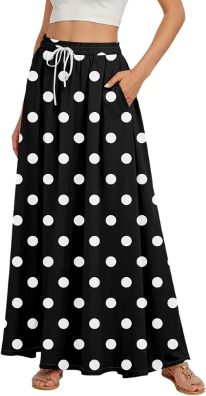 Casual Maxi Skirt for Women Summer Drawstring Elastic High Waisted A-Line Skirts Swing Ruffle Long Beach with Pockets