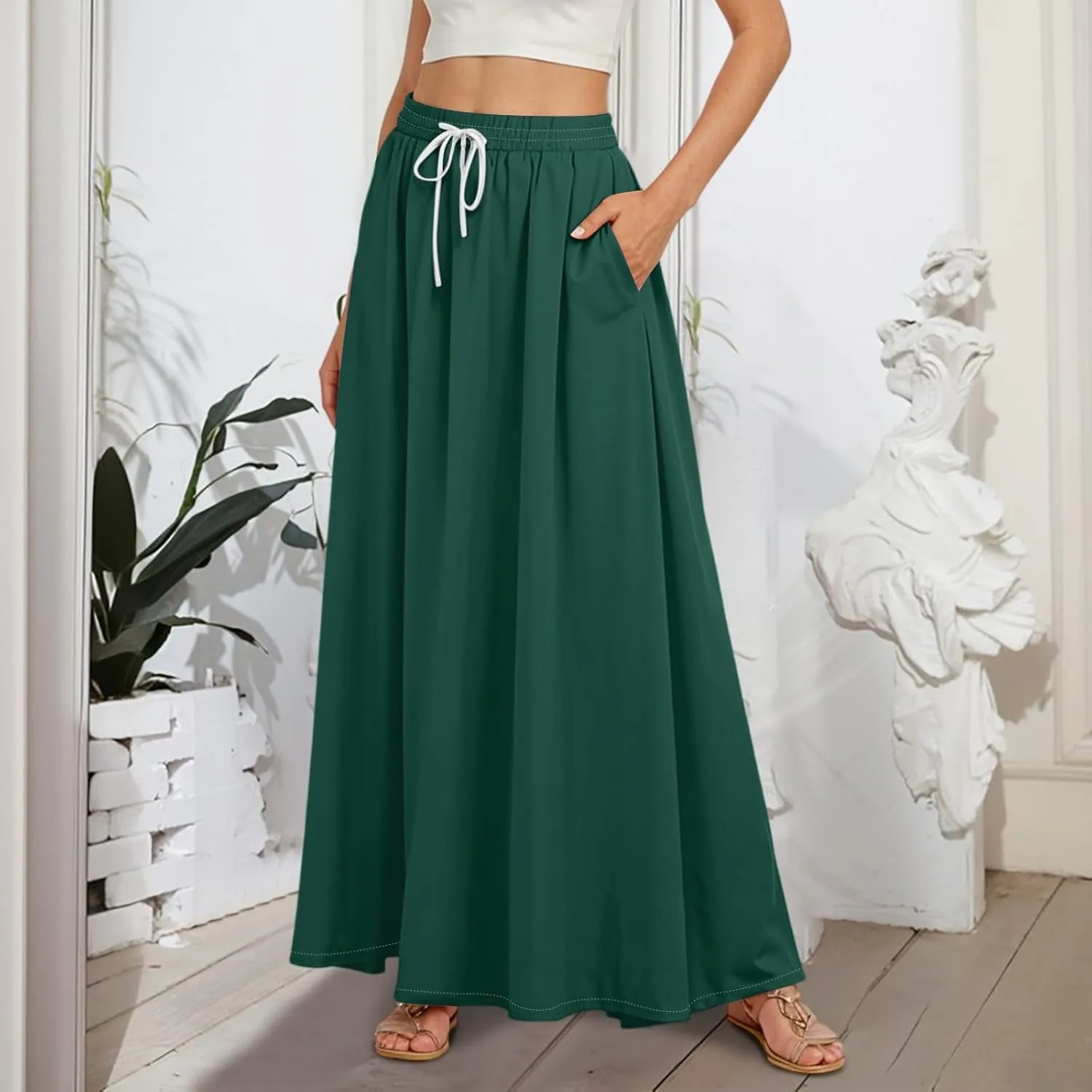 Casual Maxi Skirt for Women Summer Drawstring Elastic High Waisted A-Line Skirts Swing Ruffle Long Beach with Pockets