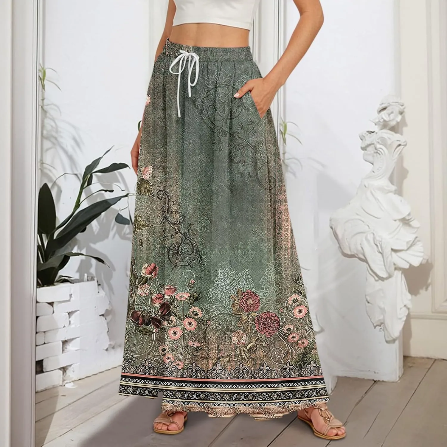 Casual Maxi Skirt for Women Summer Drawstring Elastic High Waisted A-Line Skirts Swing Ruffle Long Beach with Pockets