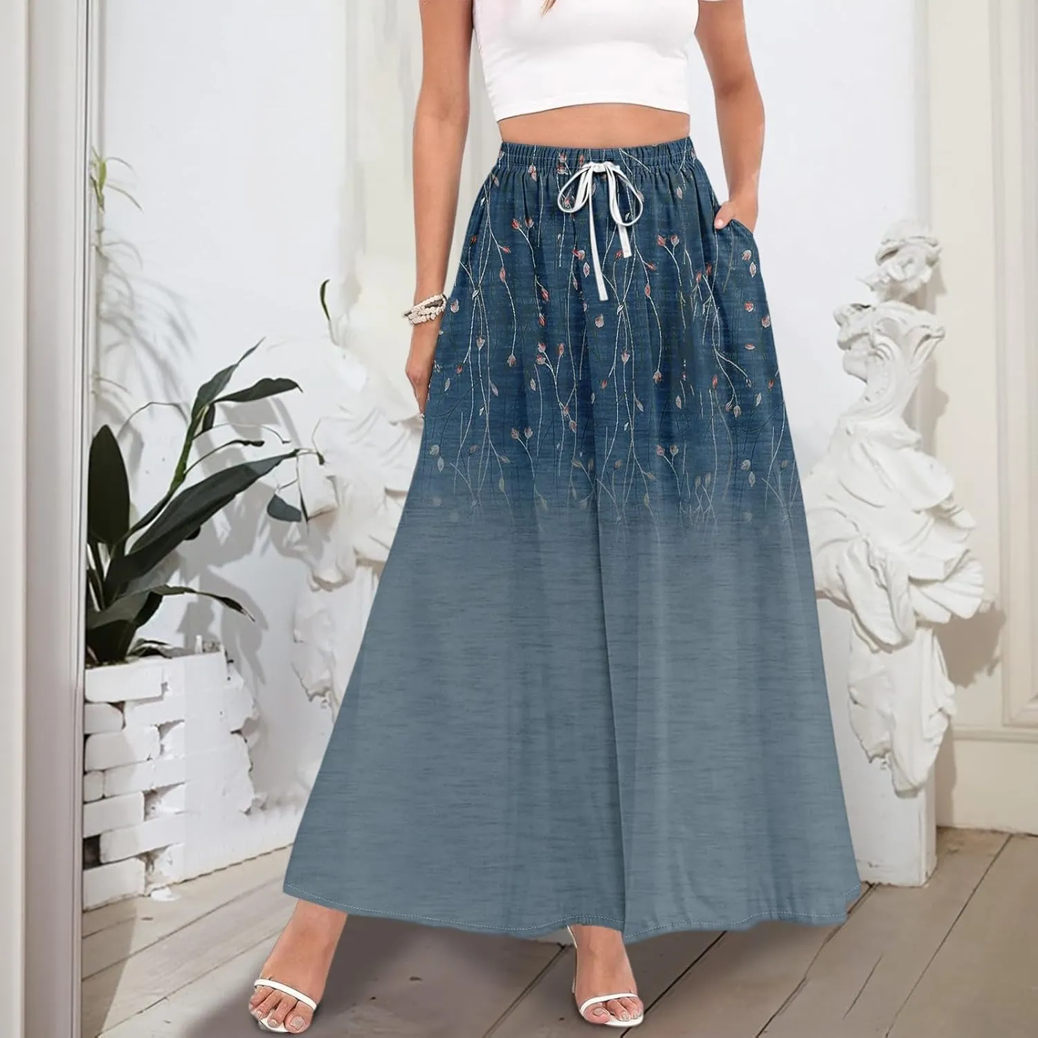 Casual Maxi Skirt for Women Summer Drawstring Elastic High Waisted A-Line Skirts Swing Ruffle Long Beach with Pockets