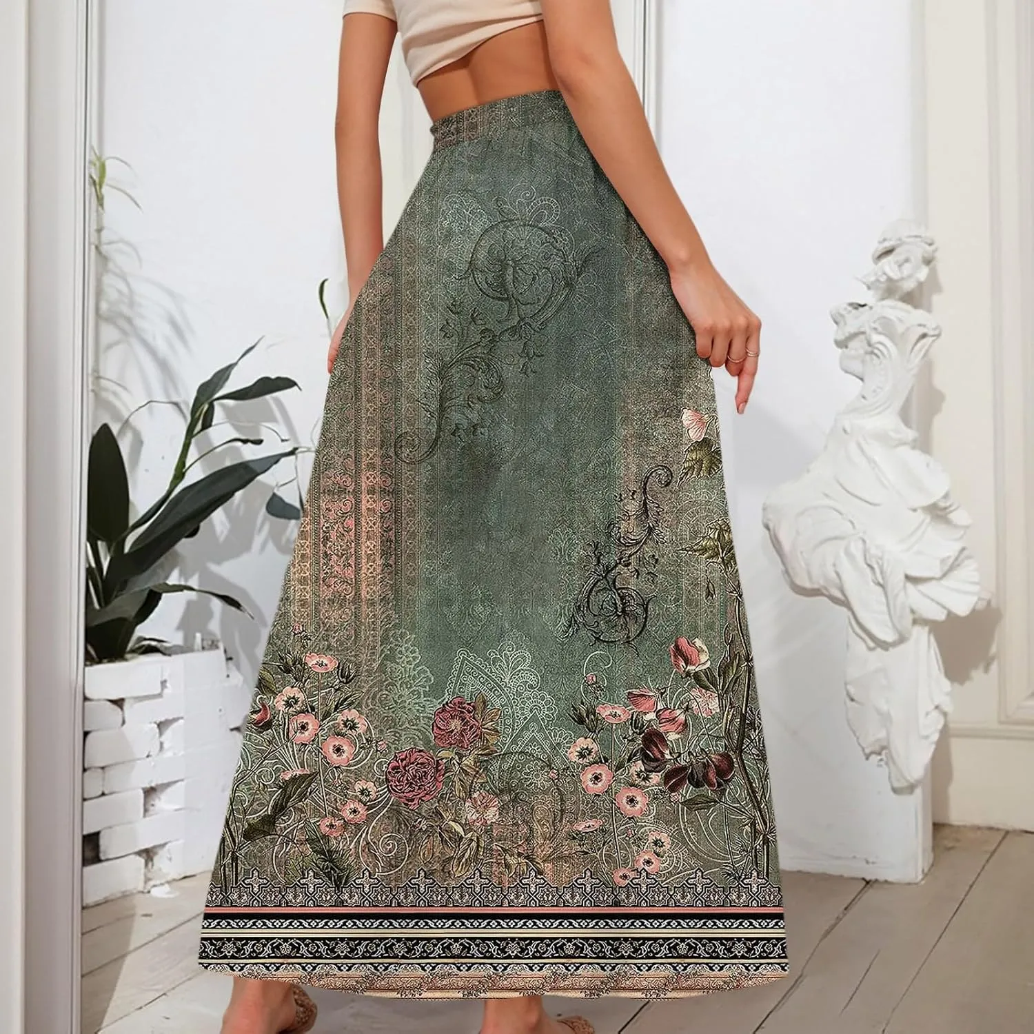 Casual Maxi Skirt for Women Summer Drawstring Elastic High Waisted A-Line Skirts Swing Ruffle Long Beach with Pockets