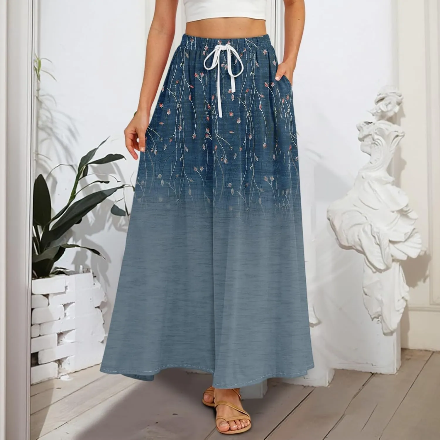Casual Maxi Skirt for Women Summer Drawstring Elastic High Waisted A-Line Skirts Swing Ruffle Long Beach with Pockets