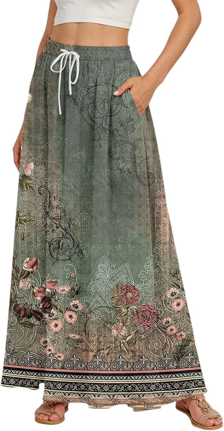 Casual Maxi Skirt for Women Summer Drawstring Elastic High Waisted A-Line Skirts Swing Ruffle Long Beach with Pockets