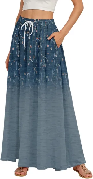 Casual Maxi Skirt for Women Summer Drawstring Elastic High Waisted A-Line Skirts Swing Ruffle Long Beach with Pockets