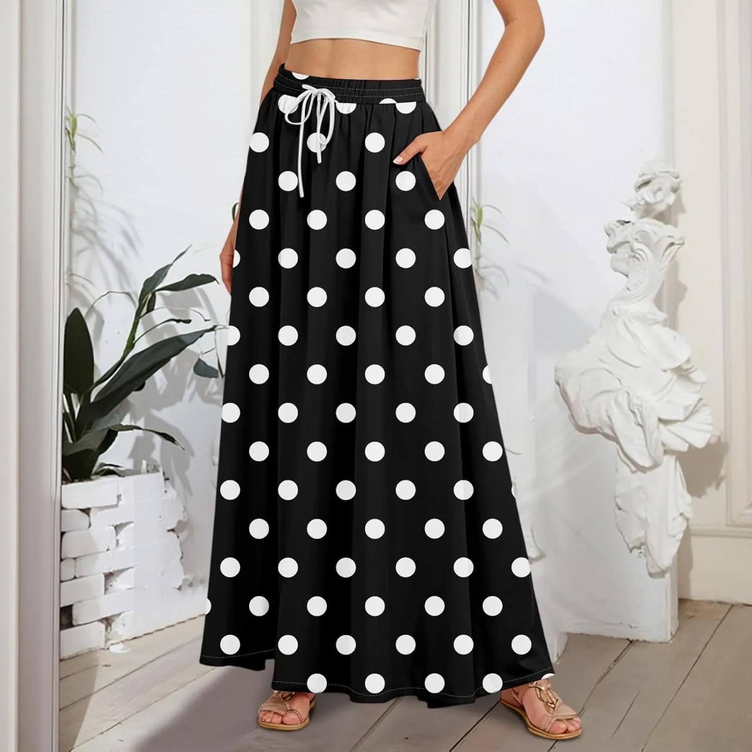 Casual Maxi Skirt for Women Summer Drawstring Elastic High Waisted A-Line Skirts Swing Ruffle Long Beach with Pockets