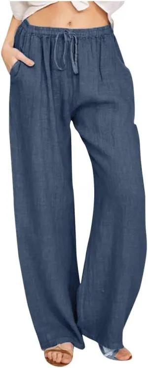 Ceboyel Women's Boho Wide Leg Pants Drawstring Straight Casual Trousers Cotton Linen Palazzo Pants Summer Beach Outfits 2023
