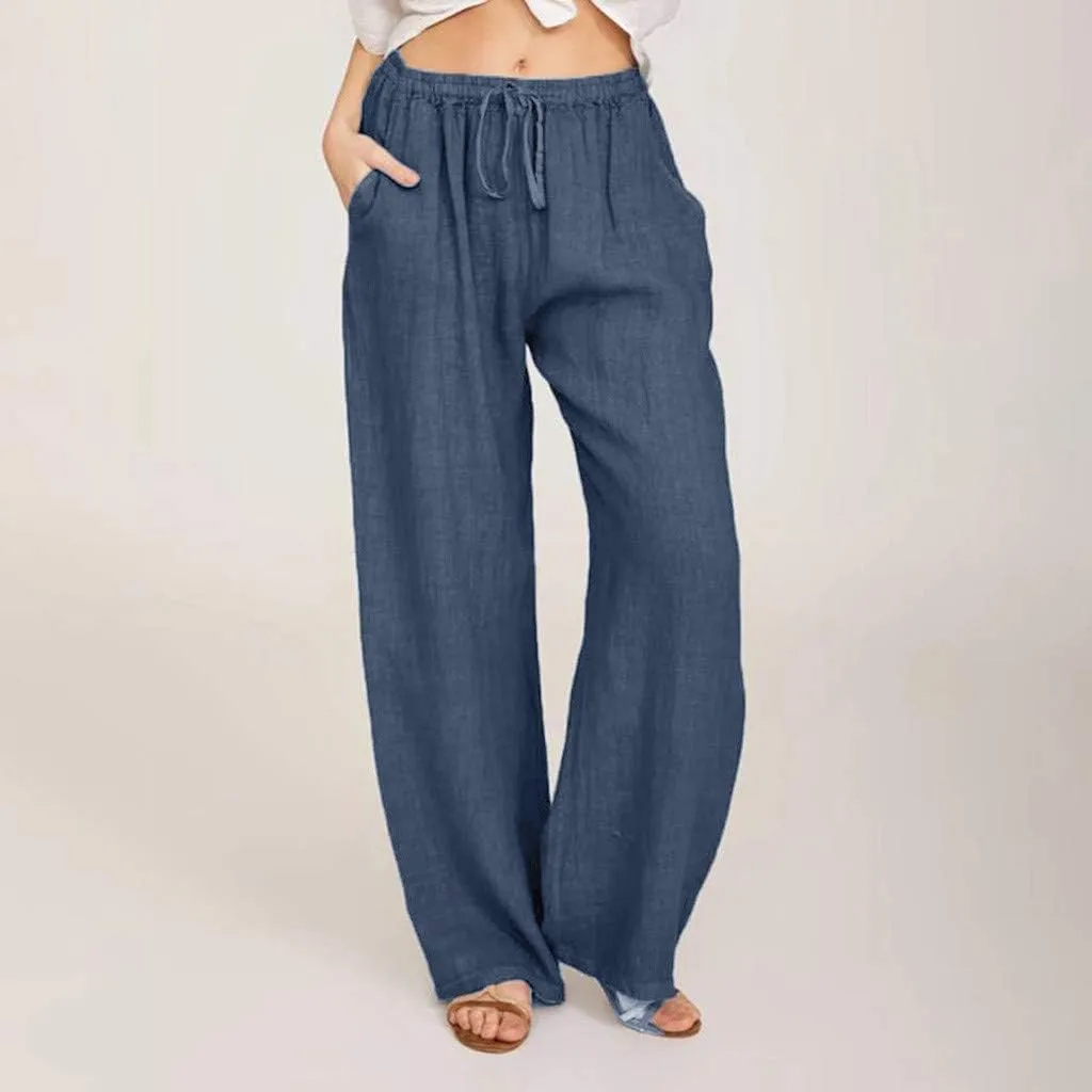 Ceboyel Women's Boho Wide Leg Pants Drawstring Straight Casual Trousers Cotton Linen Palazzo Pants Summer Beach Outfits 2023