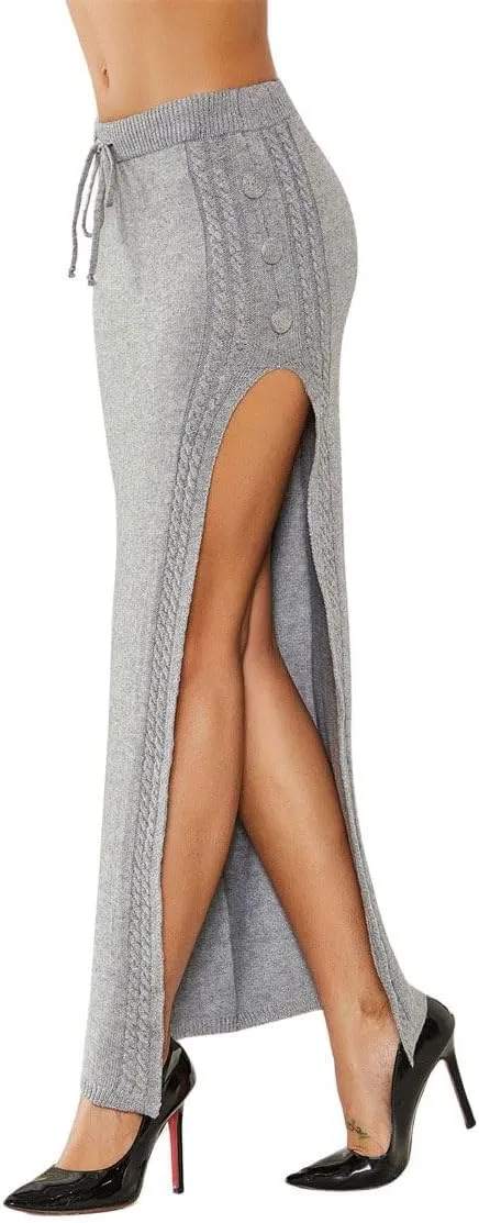 chouyatou Women's Sexy High Slit Cable Knit Maxi Skirt Drawstring Elastic Waist Package Hip Sweater Long Skirt