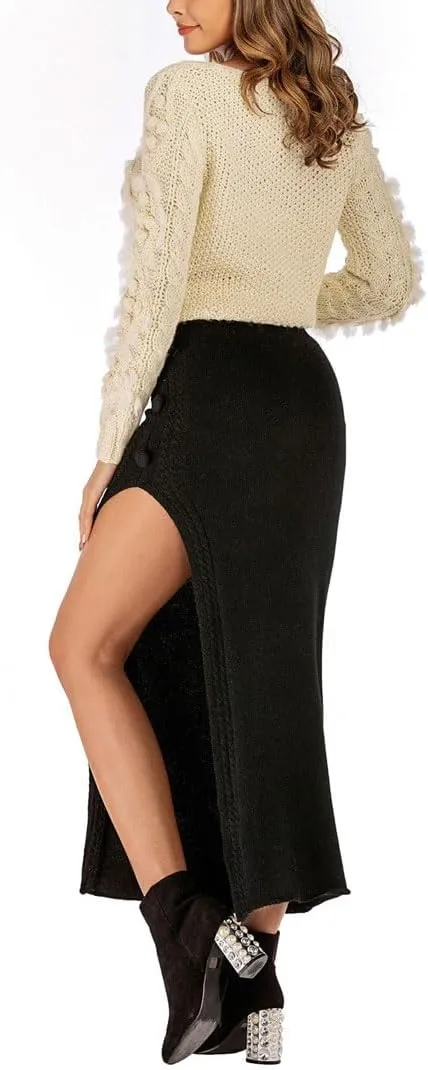 chouyatou Women's Sexy High Slit Cable Knit Maxi Skirt Drawstring Elastic Waist Package Hip Sweater Long Skirt