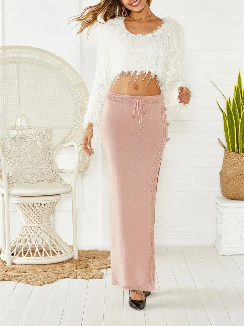 chouyatou Women's Sexy High Slit Cable Knit Maxi Skirt Drawstring Elastic Waist Package Hip Sweater Long Skirt