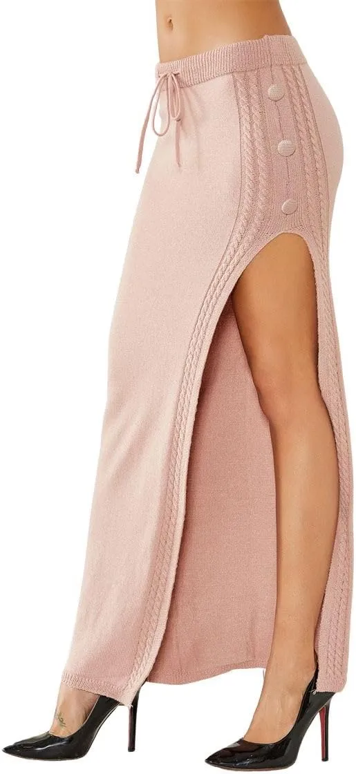 chouyatou Women's Sexy High Slit Cable Knit Maxi Skirt Drawstring Elastic Waist Package Hip Sweater Long Skirt