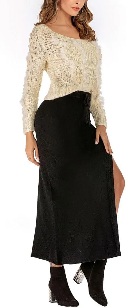 chouyatou Women's Sexy High Slit Cable Knit Maxi Skirt Drawstring Elastic Waist Package Hip Sweater Long Skirt