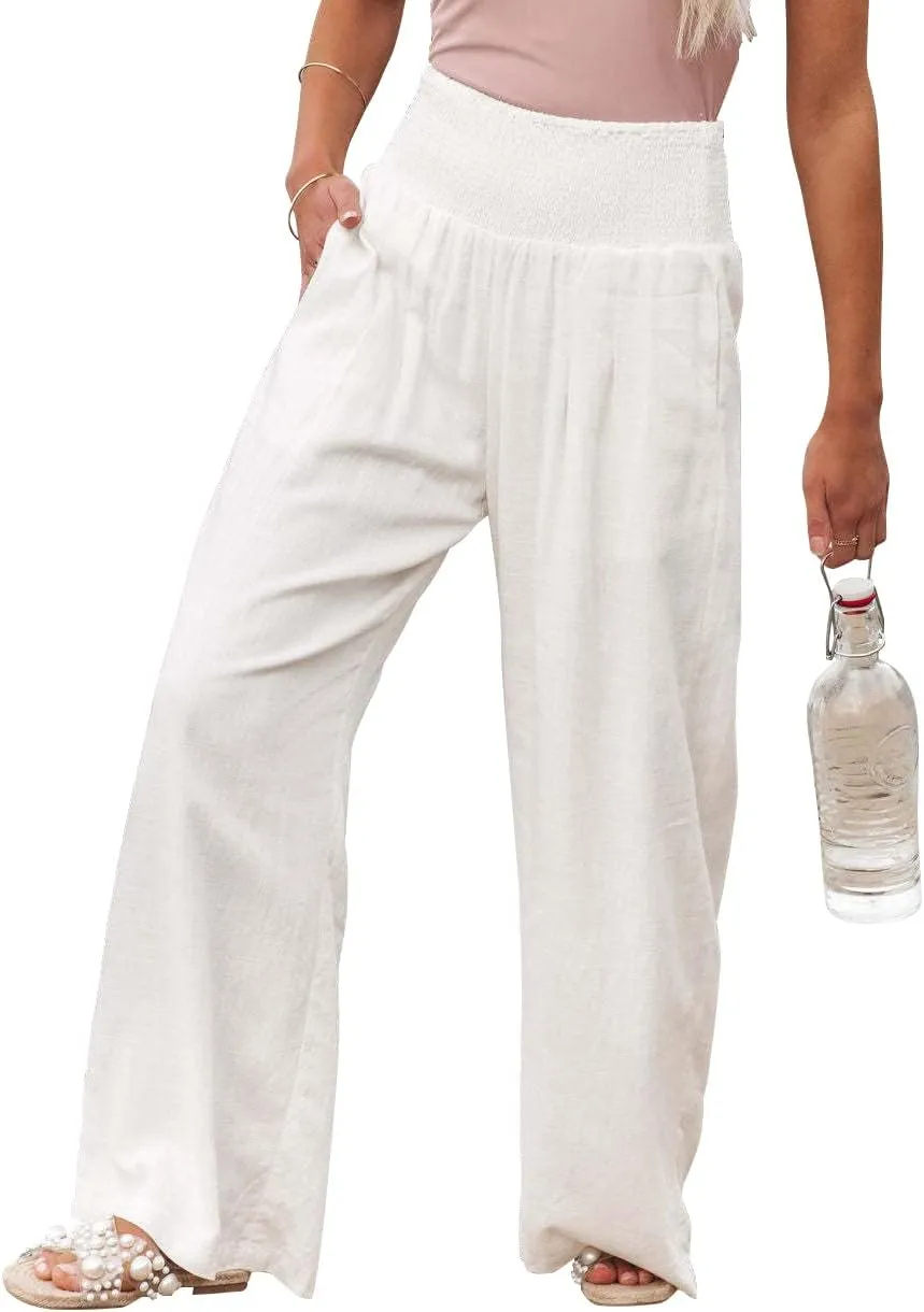 chouyatou Women's Smocked High Waisted Cotton Linen Wide Leg Pants Palazzo with Pockets