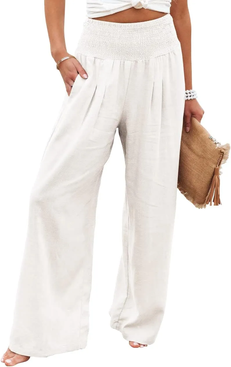 chouyatou Women's Smocked High Waisted Cotton Linen Wide Leg Pants Palazzo with Pockets