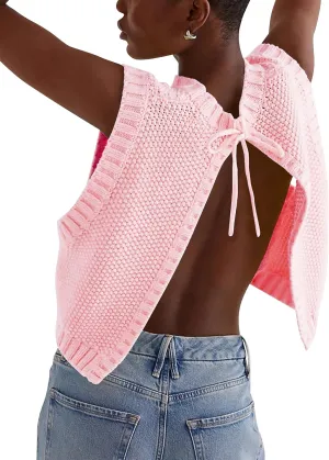 Cioatin Women Y2K Backless Tie Up Knit Crop Sweater Vest Sleeveless Round Neck Split Open Back Pullover Summer Tank Tops