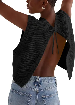 Cioatin Women Y2K Backless Tie Up Knit Crop Sweater Vest Sleeveless Round Neck Split Open Back Pullover Summer Tank Tops