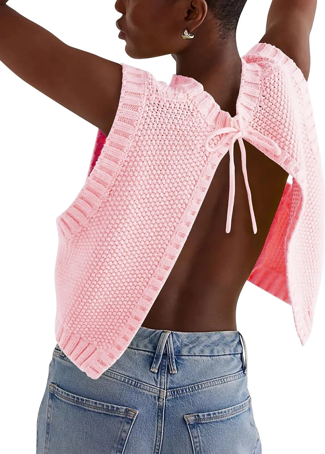 Cioatin Women Y2K Backless Tie Up Knit Crop Sweater Vest Sleeveless Round Neck Split Open Back Pullover Summer Tank Tops
