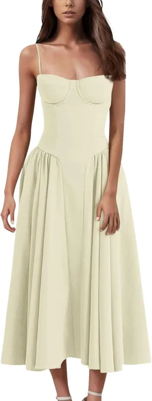 Corset Dress for Women Spaghetti Strap Bustier Pleated Hem Low Cut Midi Party Dresses 2025 Prom Dress with Pockets